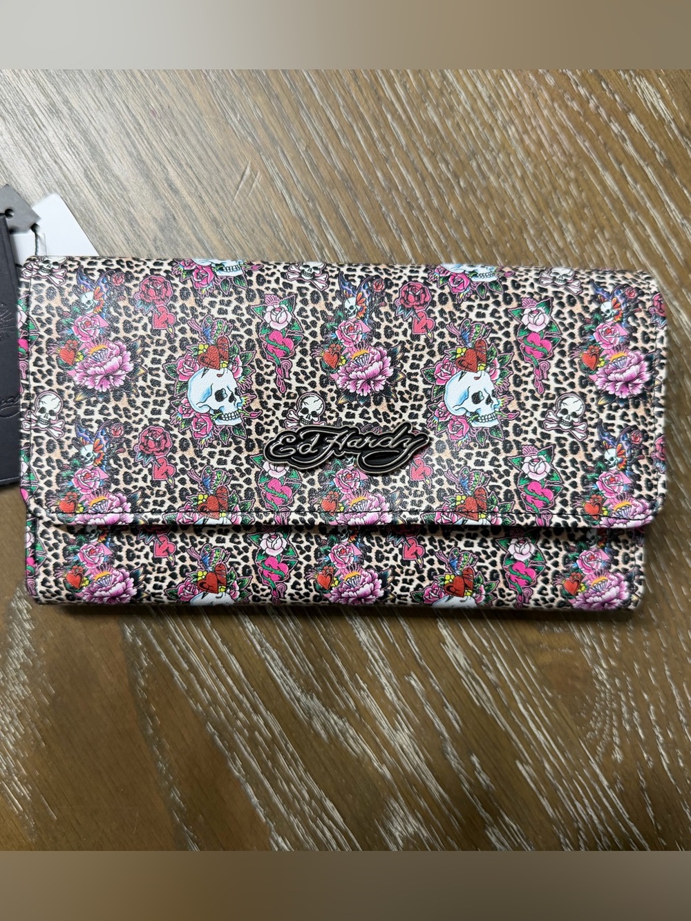 Ed Hardy Leopard Print Skull Floral Tri-Fold Fold-Over Clutch Wallet